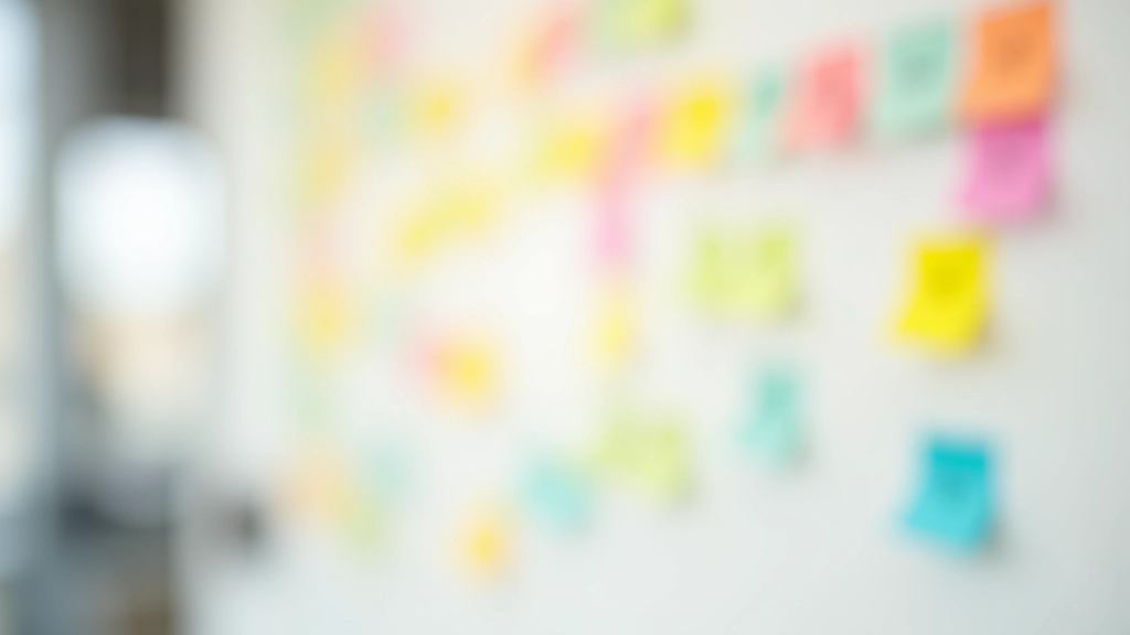 Spalvoti post-it užrašai su kategorijų vardais, išdėstyti lentelėje baltoje sienoje