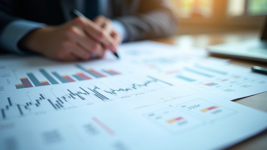 Lentelė ar skaičiuoklė su finansiniais duomenimis, grafikais ir trendų linijomis, rodomos ant stalo