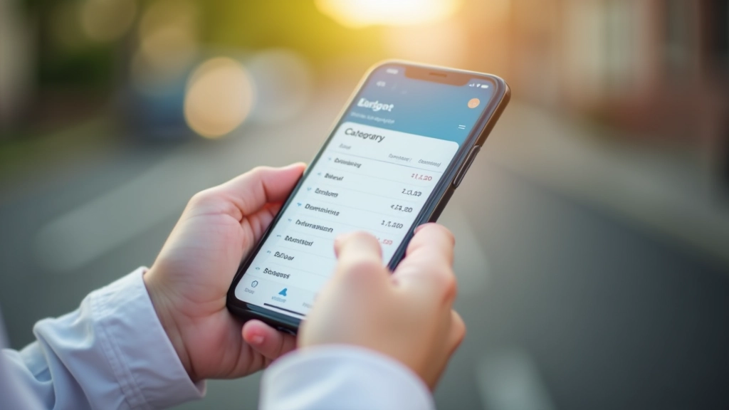 Mobilusis telefonas rankoje, rodantis biudžeto aplikaciją su kategorijomis ir sumomis, šviesus šaligatvio fonas