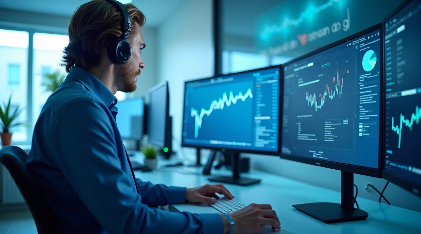 Moderni technologijų laboratorija su dirbtinio intelekto sistemas, šviesus darbo kambarys, profesionalūs kompiuteriai ir analitiniai ekranai