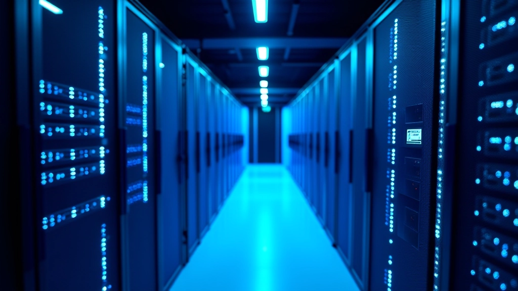 Serverio kambarys su mėlyna šviesa iš LED indikatorių, eilės kompiuterių serverių, šiuolaikinis techninis centras, ryšti detalė